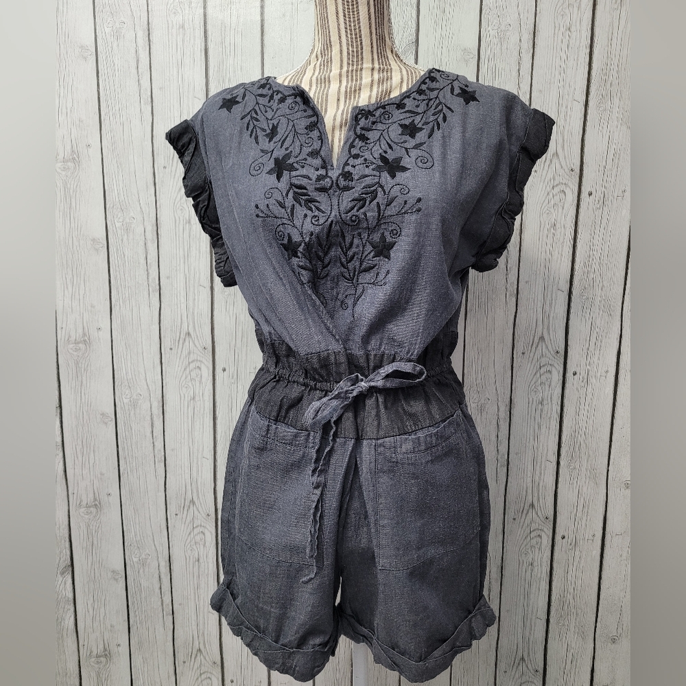 Ark & Co. Denim Embroidered Romper, Size M